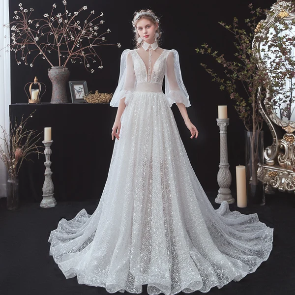 Vintage / Originale Blanche Été La Mariée Robe De Mariée 2020 Princesse Transparentes Col v profond Gonflée 3/4 Manches Dos Nu Perlage Glitter Tachetée Tulle Ceinture Tribunal Train Volants