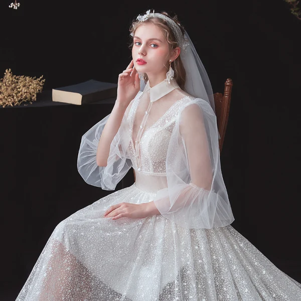 Vintage / Originale Blanche Été La Mariée Robe De Mariée 2020 Princesse Transparentes Col v profond Gonflée 3/4 Manches Dos Nu Perlage Glitter Tachetée Tulle Ceinture Tribunal Train Volants