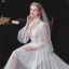 Vintage / Originale Blanche Été La Mariée Robe De Mariée 2020 Princesse Transparentes Col v profond Gonflée 3/4 Manches Dos Nu Perlage Glitter Tachetée Tulle Ceinture Tribunal Train Volants