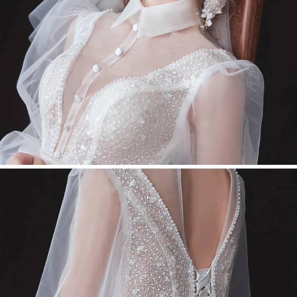 Vintage / Originale Blanche Été La Mariée Robe De Mariée 2020 Princesse Transparentes Col v profond Gonflée 3/4 Manches Dos Nu Perlage Glitter Tachetée Tulle Ceinture Tribunal Train Volants