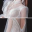 Vintage / Originale Blanche Été La Mariée Robe De Mariée 2020 Princesse Transparentes Col v profond Gonflée 3/4 Manches Dos Nu Perlage Glitter Tachetée Tulle Ceinture Tribunal Train Volants