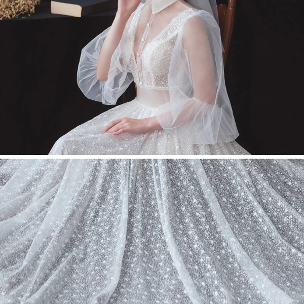Vintage / Originale Blanche Été La Mariée Robe De Mariée 2020 Princesse Transparentes Col v profond Gonflée 3/4 Manches Dos Nu Perlage Glitter Tachetée Tulle Ceinture Tribunal Train Volants