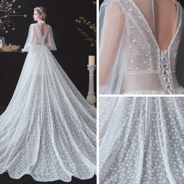 Vintage / Originale Blanche Été La Mariée Robe De Mariée 2020 Princesse Transparentes Col v profond Gonflée 3/4 Manches Dos Nu Perlage Glitter Tachetée Tulle Ceinture Tribunal Train Volants