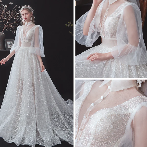 Vintage / Originale Blanche Été La Mariée Robe De Mariée 2020 Princesse Transparentes Col v profond Gonflée 3/4 Manches Dos Nu Perlage Glitter Tachetée Tulle Ceinture Tribunal Train Volants
