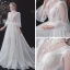 Vintage / Originale Blanche Été La Mariée Robe De Mariée 2020 Princesse Transparentes Col v profond Gonflée 3/4 Manches Dos Nu Perlage Glitter Tachetée Tulle Ceinture Tribunal Train Volants