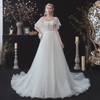 Affordable White See Through Bridal Wedding Dresses 2020 A Line Princess Square Neckline Short Sleeve Backless Spotted Tulle Court Train Ruffle