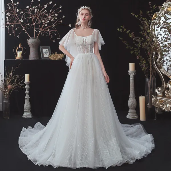 Affordable White See-through Bridal Wedding Dresses 2020 A-Line / Princess Square Neckline Short Sleeve Backless Spotted Tulle Court Train Ruffle