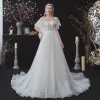 Prisvärd Vita Genomskinliga Brud Bröllopsklänningar 2020 Prinsessa Fyrkantig Ringning Korta ärm Halterneck Prickig Tyll Domstol Tåg Ruffle