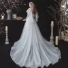 Prisvärd Vita Genomskinliga Brud Bröllopsklänningar 2020 Prinsessa Fyrkantig Ringning Korta ärm Halterneck Prickig Tyll Domstol Tåg Ruffle