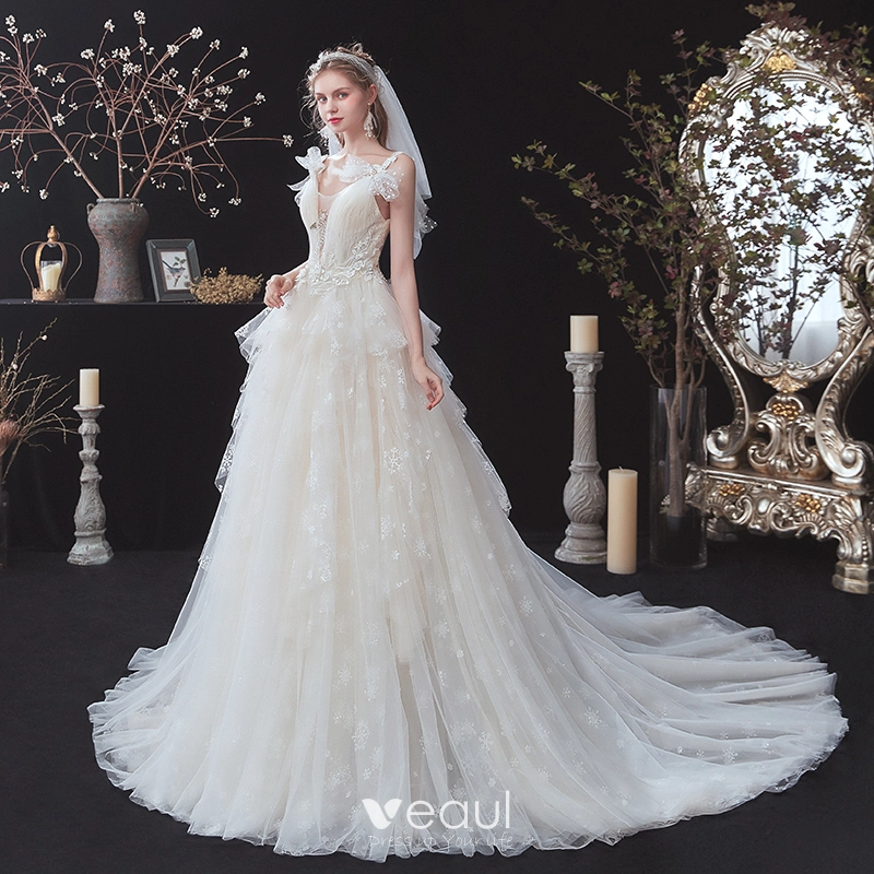 A-Line Deep V-Neck Sleeveless Court Train Wedding Dress with Lace