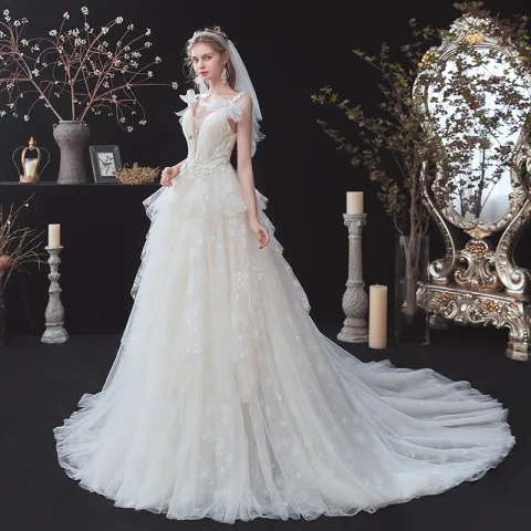 Chic / Beautiful Champagne Bridal Wedding Dresses 2020 A-Line / Princess See-through Deep V-Neck Sleeveless Backless Bow Appliques Lace Beading Court Train
