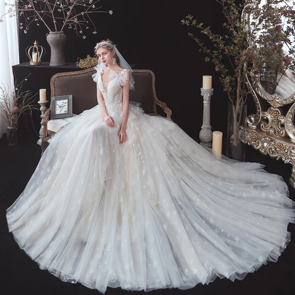 Chic / Belle Champagne La Mariée Robe De Mariée 2020 Princesse Transparentes Col v profond Sans Manches Dos Nu Noeud Appliques En Dentelle Perlage Tribunal Train