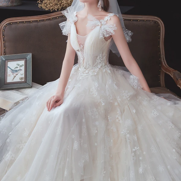 Chic / Belle Champagne La Mariée Robe De Mariée 2020 Princesse Transparentes Col v profond Sans Manches Dos Nu Noeud Appliques En Dentelle Perlage Tribunal Train