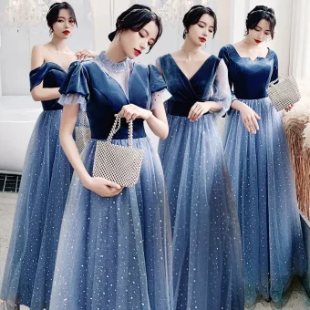 Abordable Océan Bleu Robe Demoiselle D Honneur 2020 Princesse Dos Nu Étoile Paillettes Longue Volants