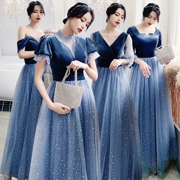 Affordable Ocean Blue Bridesmaid Dresses 2020 A-Line / Princess Backless Star Sequins Floor-Length / Long Ruffle