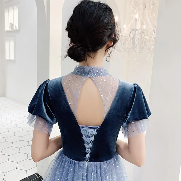 Affordable Ocean Blue Bridesmaid Dresses 2020 A-Line / Princess Backless Star Sequins Floor-Length / Long Ruffle