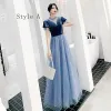 Affordable Ocean Blue Bridesmaid Dresses 2020 A-Line / Princess Backless Star Sequins Floor-Length / Long Ruffle