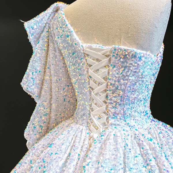 Luxury / Gorgeous White Sequins Prom Dresses 2020 Ball Gown One-Shoulder Sleeveless Floor-Length / Long Backless Formal Dresses