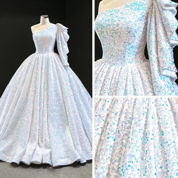 Luxury / Gorgeous White Sequins Prom Dresses 2020 Ball Gown One-Shoulder Sleeveless Floor-Length / Long Backless Formal Dresses