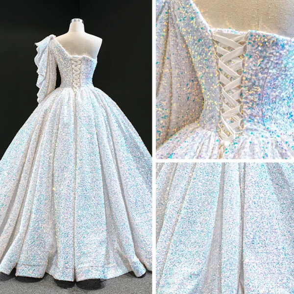 Luxury / Gorgeous White Sequins Prom Dresses 2020 Ball Gown One-Shoulder Sleeveless Floor-Length / Long Backless Formal Dresses
