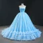 Luxury / Gorgeous Sky Blue Prom Dresses 2020 Ball Gown Strapless Sleeveless Glitter Tulle Court Train Ruffle Backless Formal Dresses