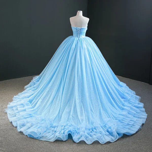 Luxury / Gorgeous Sky Blue Prom Dresses 2020 Ball Gown Strapless Sleeveless Glitter Tulle Court Train Ruffle Backless Formal Dresses