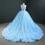 Luxury / Gorgeous Sky Blue Prom Dresses 2020 Ball Gown Strapless Sleeveless Glitter Tulle Court Train Ruffle Backless Formal Dresses