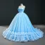 Luxury / Gorgeous Sky Blue Prom Dresses 2020 Ball Gown Strapless Sleeveless Glitter Tulle Court Train Ruffle Backless Formal Dresses