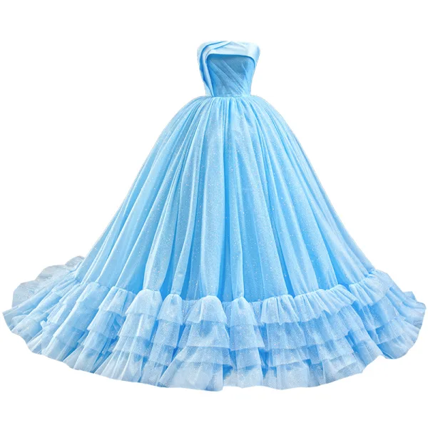 Luxury / Gorgeous Sky Blue Prom Dresses 2020 Ball Gown Strapless Sleeveless Glitter Tulle Court Train Ruffle Backless Formal Dresses