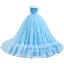 Luxury / Gorgeous Sky Blue Prom Dresses 2020 Ball Gown Strapless Sleeveless Glitter Tulle Court Train Ruffle Backless Formal Dresses