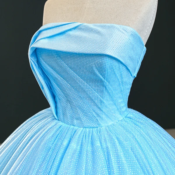 Luxury / Gorgeous Sky Blue Prom Dresses 2020 Ball Gown Strapless Sleeveless Glitter Tulle Court Train Ruffle Backless Formal Dresses