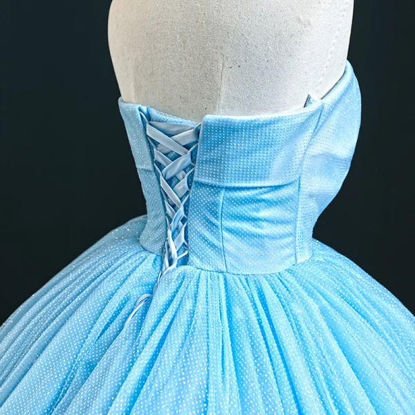 Luxury / Gorgeous Sky Blue Prom Dresses 2020 Ball Gown Strapless Sleeveless Glitter Tulle Court Train Ruffle Backless Formal Dresses