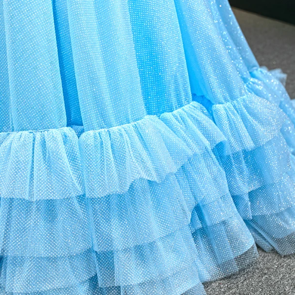 Luxury / Gorgeous Sky Blue Prom Dresses 2020 Ball Gown Strapless Sleeveless Glitter Tulle Court Train Ruffle Backless Formal Dresses
