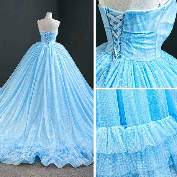 Luxury / Gorgeous Sky Blue Prom Dresses 2020 Ball Gown Strapless Sleeveless Glitter Tulle Court Train Ruffle Backless Formal Dresses
