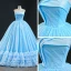Luxury / Gorgeous Sky Blue Prom Dresses 2020 Ball Gown Strapless Sleeveless Glitter Tulle Court Train Ruffle Backless Formal Dresses