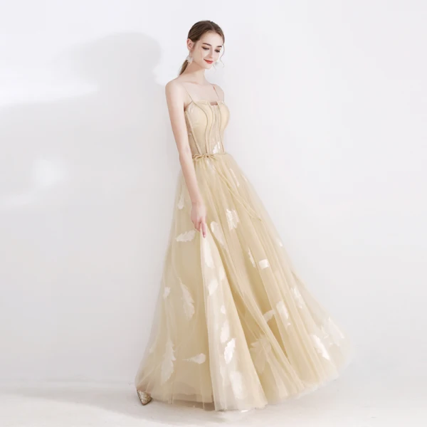 Elegant Champagne Evening Dresses 2020 A-Line / Princess Spaghetti Straps Sleeveless Feather Appliques Lace Sash Floor-Length / Long Ruffle Backless Formal Dresses