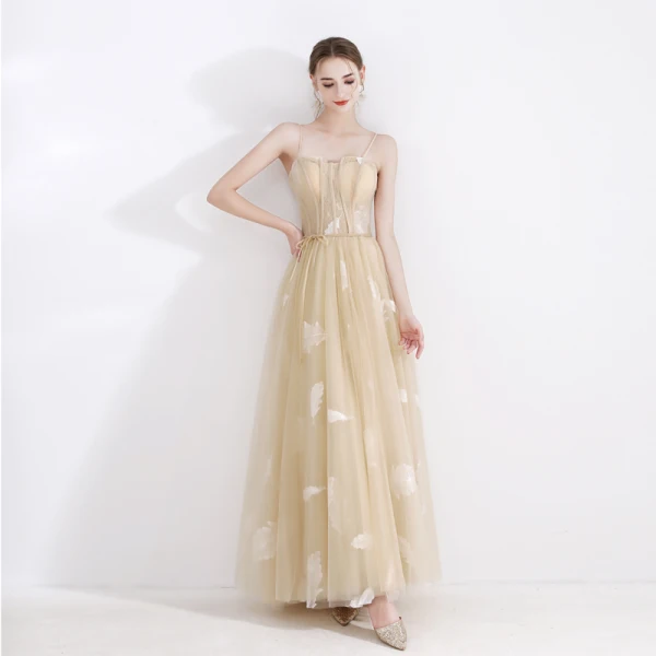 Elegant Champagne Evening Dresses 2020 A-Line / Princess Spaghetti Straps Sleeveless Feather Appliques Lace Sash Floor-Length / Long Ruffle Backless Formal Dresses