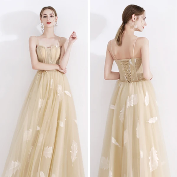 Elegant Champagne Evening Dresses 2020 A-Line / Princess Spaghetti Straps Sleeveless Feather Appliques Lace Sash Floor-Length / Long Ruffle Backless Formal Dresses