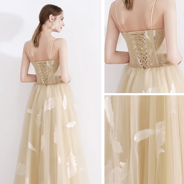 Elegant Champagne Evening Dresses 2020 A-Line / Princess Spaghetti Straps Sleeveless Feather Appliques Lace Sash Floor-Length / Long Ruffle Backless Formal Dresses