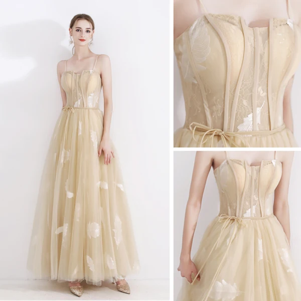 Elegant Champagne Evening Dresses 2020 A-Line / Princess Spaghetti Straps Sleeveless Feather Appliques Lace Sash Floor-Length / Long Ruffle Backless Formal Dresses