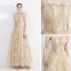 Elegant Champagne Evening Dresses  2020 A-Line / Princess Spaghetti Straps Sleeveless Feather Appliques Lace Sash Floor-Length / Long Ruffle Backless Formal Dresses