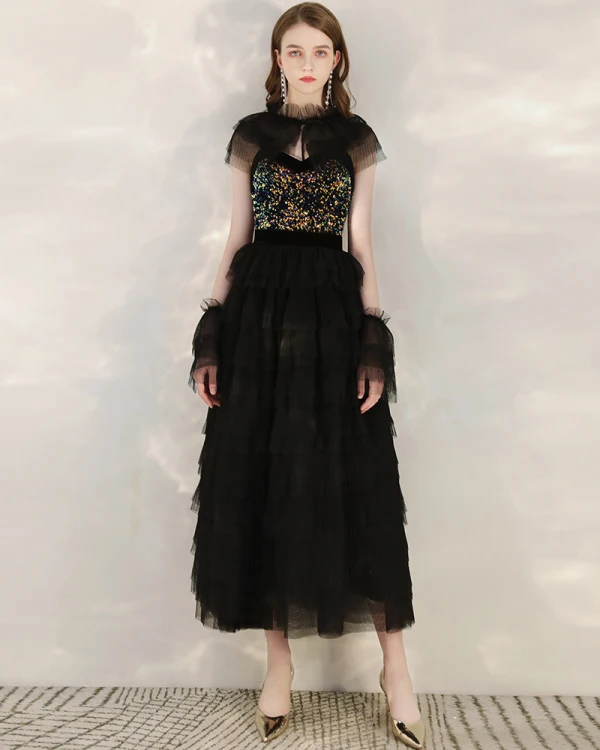Fashion Black Sequins Homecoming Graduation Dresses With Shawl 2020 A-Line / Princess Shoulders Sleeveless Tea-length Cascading Ruffles Backless Formal Dresses