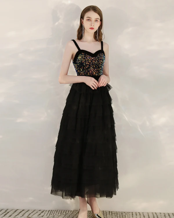 Fashion Black Sequins Homecoming Graduation Dresses With Shawl 2020 A-Line / Princess Shoulders Sleeveless Tea-length Cascading Ruffles Backless Formal Dresses