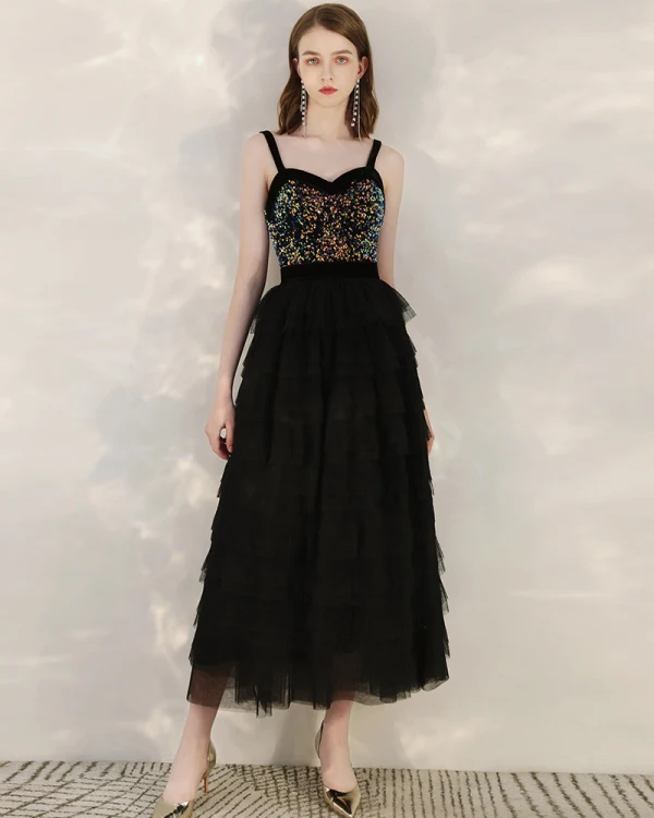 Fashion Black Sequins Homecoming Graduation Dresses With Shawl 2020 A-Line / Princess Shoulders Sleeveless Tea-length Cascading Ruffles Backless Formal Dresses