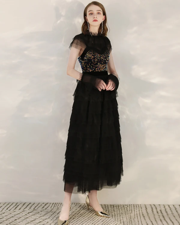 Fashion Black Sequins Homecoming Graduation Dresses With Shawl 2020 A-Line / Princess Shoulders Sleeveless Tea-length Cascading Ruffles Backless Formal Dresses