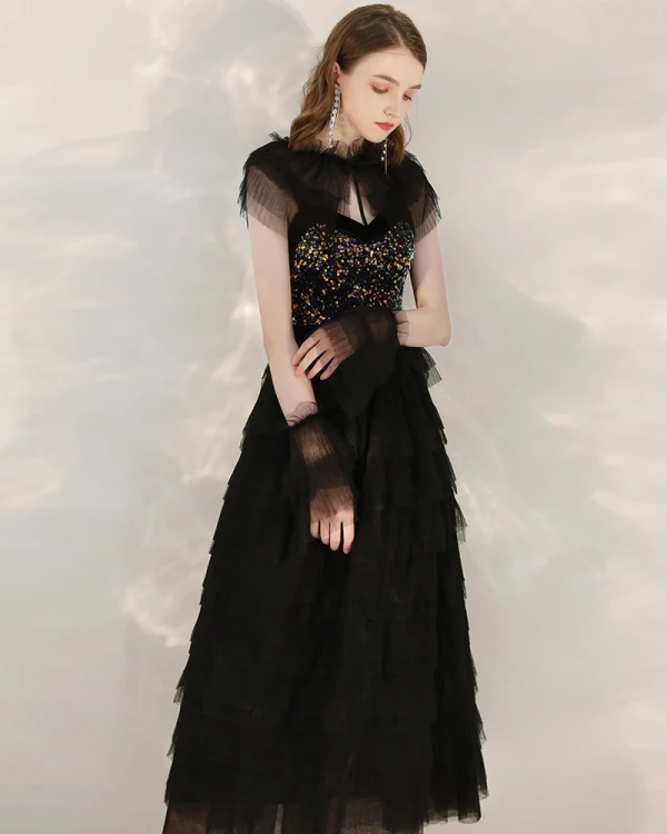 Fashion Black Sequins Homecoming Graduation Dresses With Shawl 2020 A-Line / Princess Shoulders Sleeveless Tea-length Cascading Ruffles Backless Formal Dresses