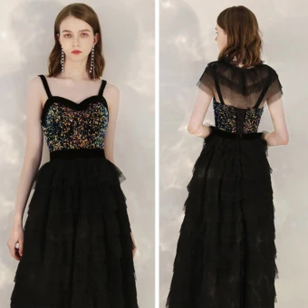 Fashion Black Sequins Homecoming Graduation Dresses With Shawl 2020 A Line Princess Shoulders Sleeveless Tea Length Cascading Ruffles Backless Formal Dresses