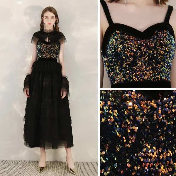 Fashion Black Sequins Homecoming Graduation Dresses With Shawl 2020 A-Line / Princess Shoulders Sleeveless Tea-length Cascading Ruffles Backless Formal Dresses
