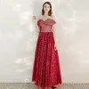 Chic / Beautiful Red Evening Dresses  2020 A-Line / Princess Off-The-Shoulder Short Sleeve Star Sequins Glitter Tulle Floor-Length / Long Ruffle Backless Formal Dresses