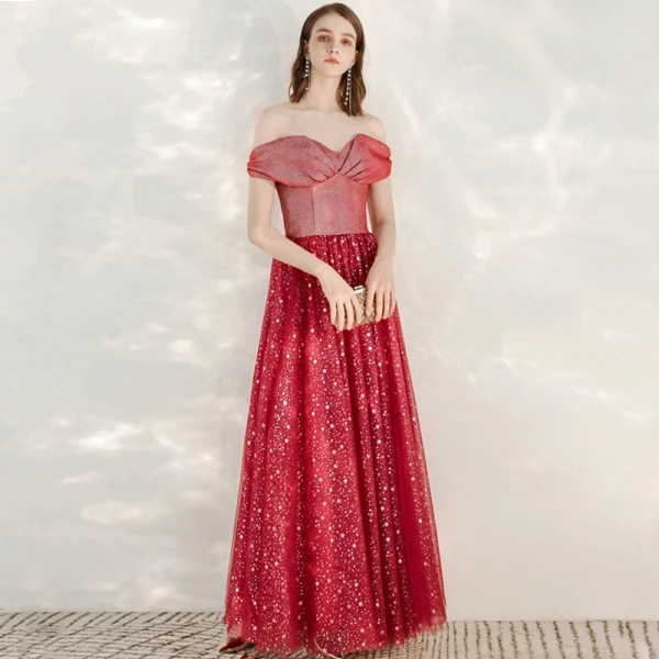 Schöne Rot Abendkleider 2020 A Linie Off Shoulder Kurze Ärmel Star Pailletten Glanz Tülle Lange Rüschen Rückenfreies Festliche Kleider